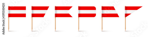 Realistic various Austrian toothpick flags. Souvenir from Austria. Wooden toothpicks with paper flag. Location mark, map pointer. Blank mockup for advertising and promotions. Vector illustration