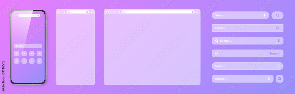 Smartphone, transparent internet browser window with various search bar templates. Web site engine with search box, address bar and text field. Website UI interface elements. Vector illustration Smartphone, transparent internet browser window with various search bar templates. Web site engine with search box, address bar and text field. Website UI interface elements. Vector illustration