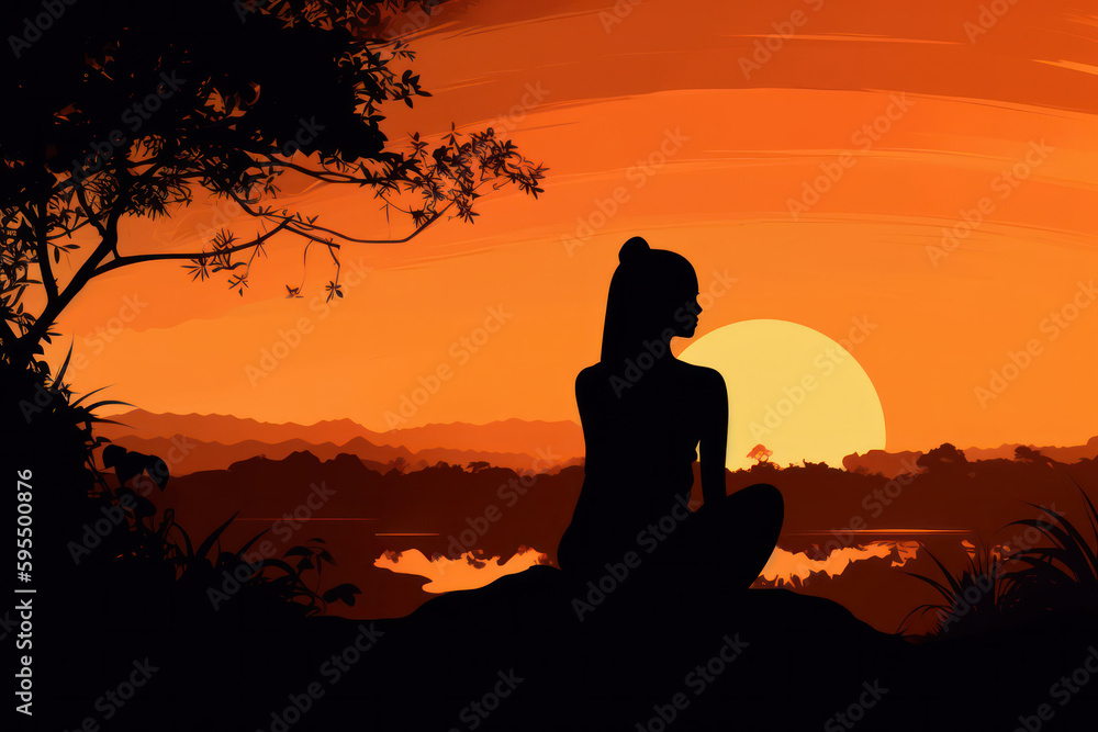 Silhouette of a young woman meditating at sunset, spirituality and mental health. Serene Girl Meditating at Sunset. Generative AI