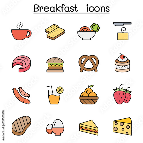 Breakfast color line icon set