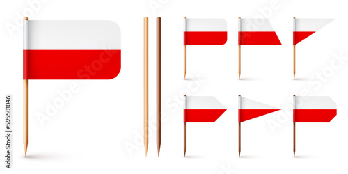 Polish toothpick flags. Souvenir from Poland. Wooden toothpicks with paper flag. Location mark, map pointer. Blank mockup for advertising and promotions. Vector illustration