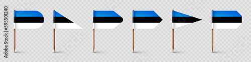 Realistic various Estonian toothpick flags. Souvenir from Estonia. Wooden toothpicks with paper flag. Location mark, map pointer. Blank mockup for advertising and promotions. Vector illustration