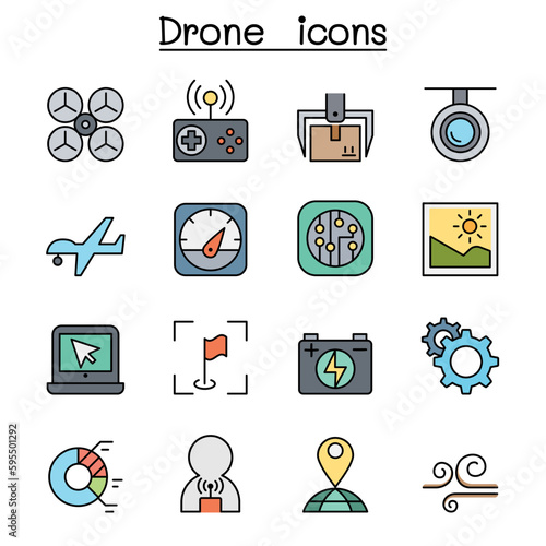 Drone , Quadrocopter color line icon set