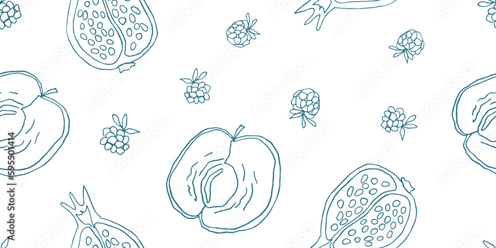seamless editable hand drawn vector pattern with fruits. peach, pomegranate, raspberry and blueberry seamless editable hand drawn vector pattern with fruits. peach, pomegranate, raspberry and blueberry