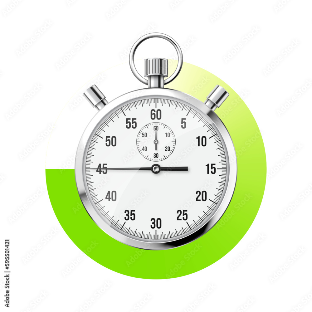 Realistic classic stopwatch. Shiny metal chronometer, time counter with dial. Green countdown timer showing minutes and seconds. Time measurement for sport, start and finish. Vector illustration Realistic classic stopwatch. Shiny metal chronometer, time counter with dial. Green countdown timer showing minutes and seconds. Time measurement for sport, start and finish. Vector illustration