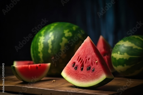tasty ripe sliced watermelon on a wooden board on a dark background .rustic style. Generative AI