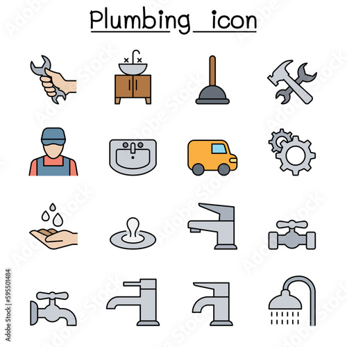 Plumbing color line icon set