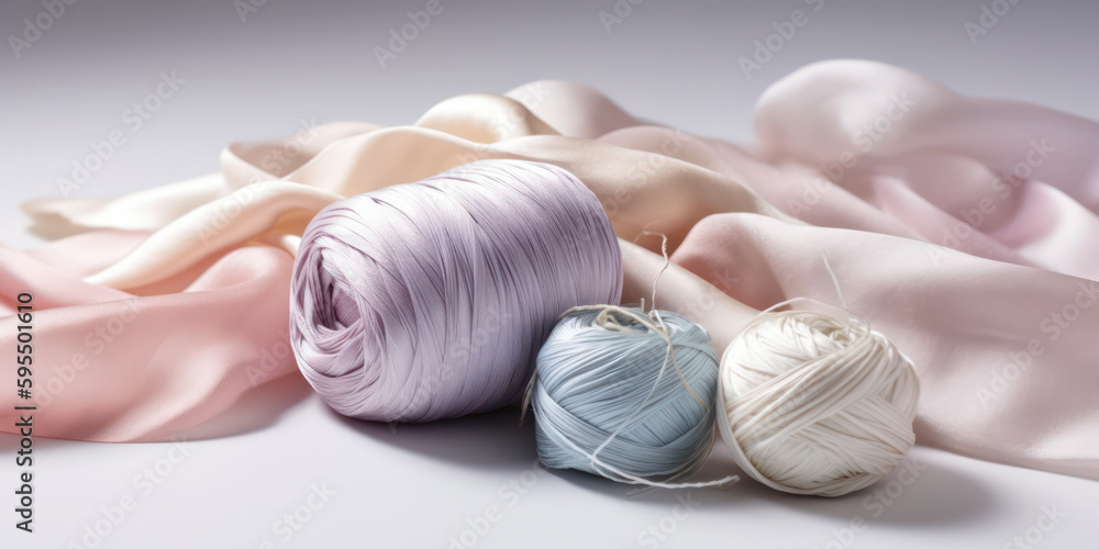 threads and silk fabrics in pastel colors on a light background .sewing supplies. Generative AI