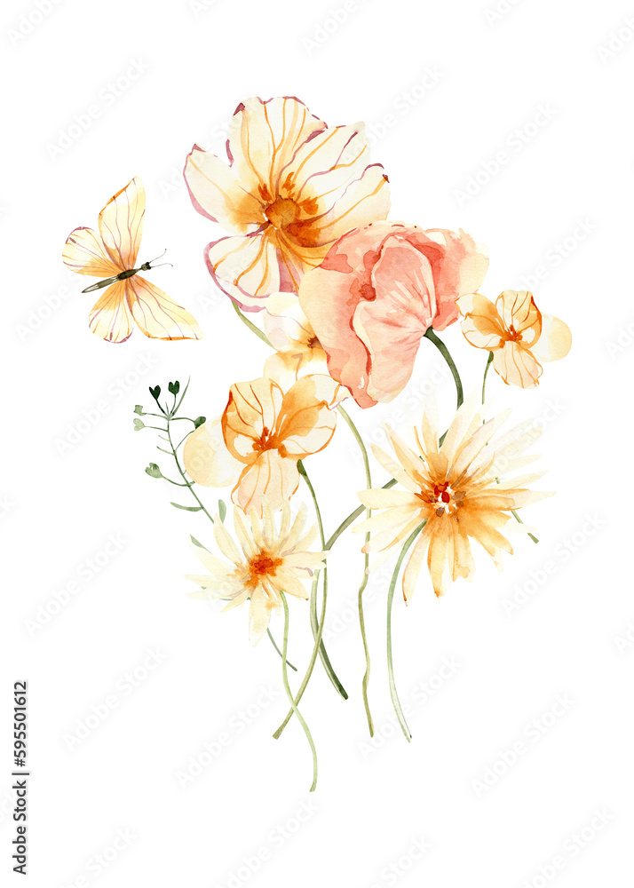 Watercolor floral bouquet, field flowers arrangement png.