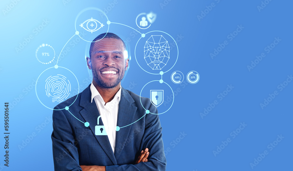 Black businessman and biometric scanning, digital hologram and s Black businessman and biometric scanning, digital hologram and s