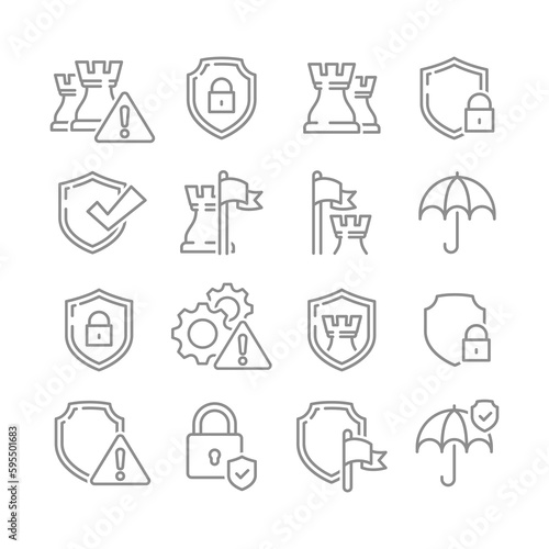 Security line vector icon set. Safety, guard shield and padlock outline icons.