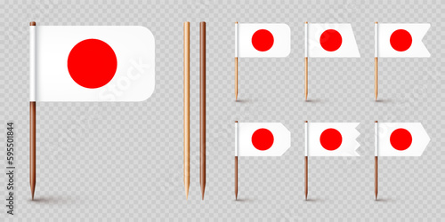 Realistic various Japanese toothpick flags. Souvenir from Japan. Wooden toothpicks with paper flag. Location mark, map pointer. Blank mockup for advertising and promotions. Vector illustration