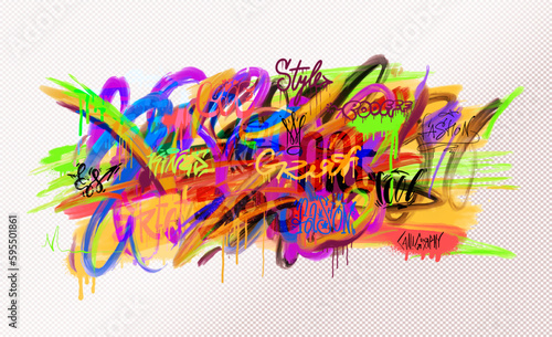 Urban vector typography street art graffiti. Slogan print with spray effect for graphic tee t shirt, fabric design, gift paper, baby clothes, textiles, cards. Graffiti street art tags vector pattern.