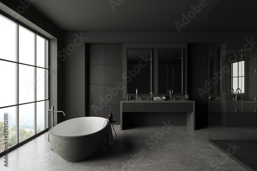 Gray and wooden bathroom interior with double sink and tub