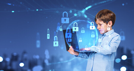 Child with computer, glowing padlock hud and safe internet for k