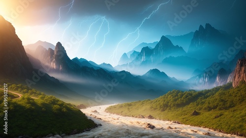 A Daring View Of A Mountain River With A Lightning Bolt In The Sky AI Generative