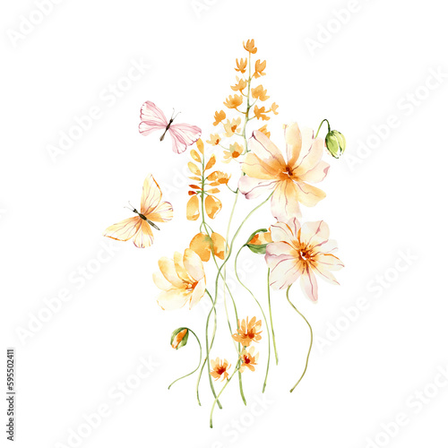 Watercolor minimalistic bouquet  field flowers  floral arrangement  png illustration.