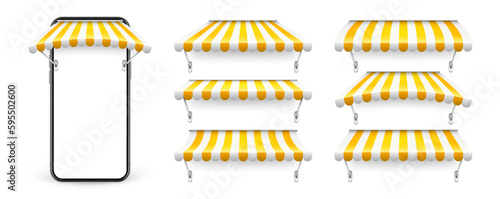 Smartphone with shop sunshade and metal mount, online internet shopping. Realistic yellow striped cafe awning. Outdoor market tent. Roof canopy. Summer street store. Vector illustration