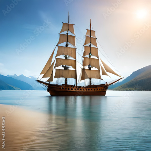 AI generated photo boat with sails on the water and mountains in the background.