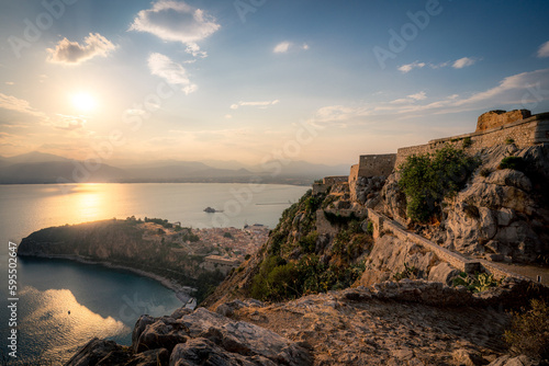 Sunset view of Nafplio from the Palamidi Fortress, Greece