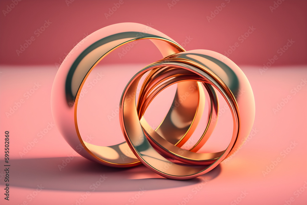 Golden smooth multilayer wedding rings on pink background, Generative AI Golden smooth multilayer wedding rings on pink background, Generative AI