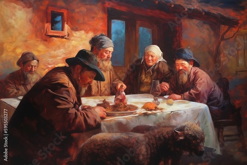 Medieval Mongolian People Eating Dinner Around A Table in Rembrandt Style Painting photo