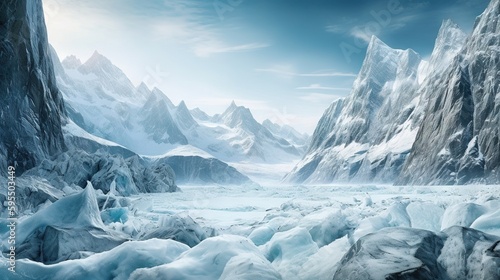  a mountain landscape with ice and snow on the ground and mountains in the background.  generative ai