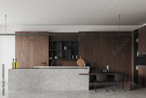 Modern home kitchen interior with cooking and dining area with kitchenware