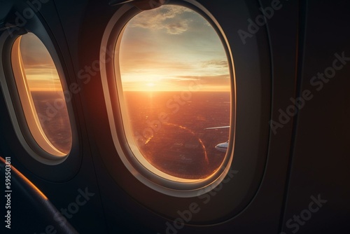 Sunset shines through plane window. Generative AI © Amaya