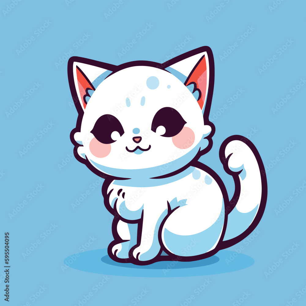 A cartoon of a white cat with black eyes sits on a blue background. A cartoon of a white cat with black eyes sits on a blue background.