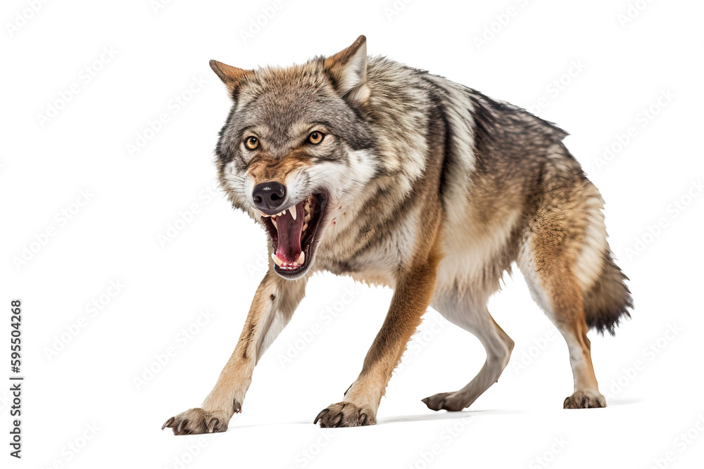 Portrait of a furious gray wolf. Angry wolf roaring isolated on