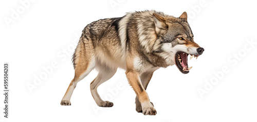 Portrait of a furious gray wolf. Angry wolf roaring isolated on transparent background. PNG. Digital art photo