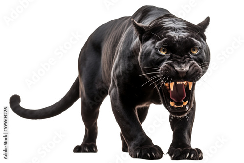 Roaring black panther isolated of transparent background. PNG. Digital art photo