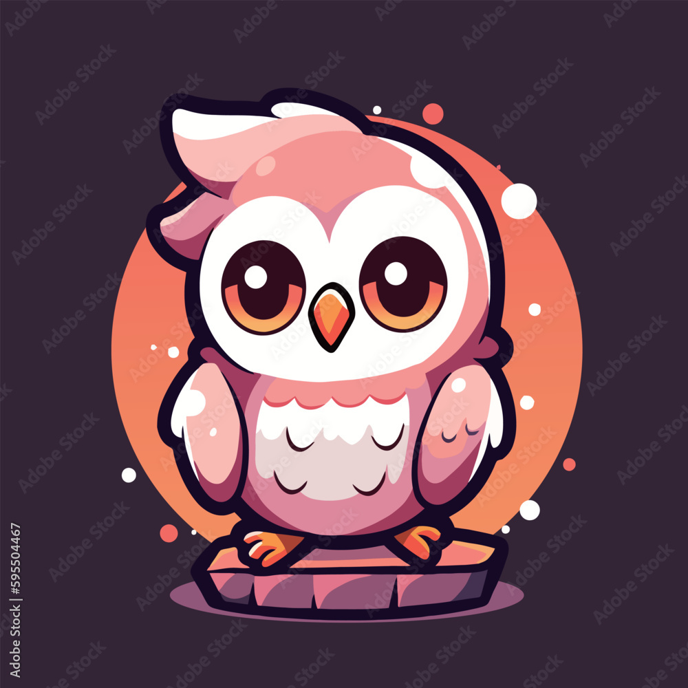 A cartoon owl with a pink face and yellow eyes sits on a stone.