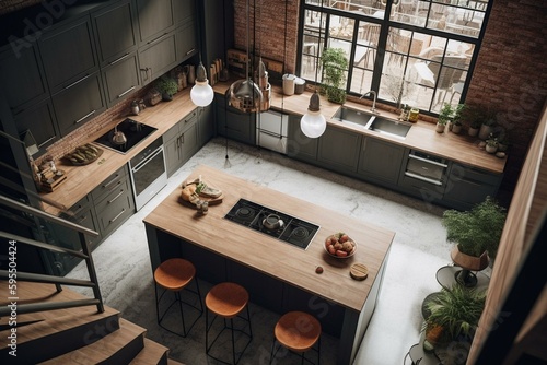 A modern loft kitchen viewed from above. Generative AI © Miriam