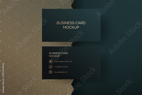 Modern and elegant vector business card mock up template. The hexagon pattern in green and gold colors creates an abstract and luxurious design. Perfect for corporate branding and presentations