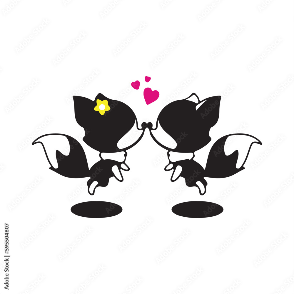 Fototapeta premium Fox love kiss illustration of silhouette