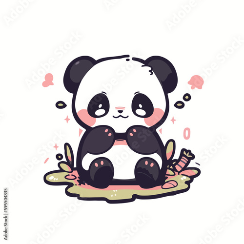 A cute panda bear with a pink face and black eyes sits on a leaf.