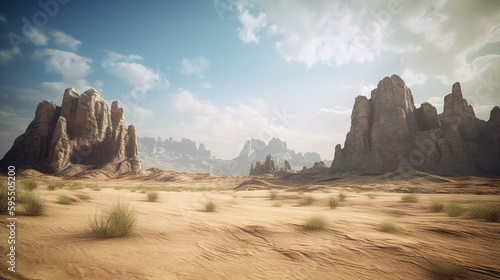  a desert landscape with rocks and grass in the foreground.  generative ai