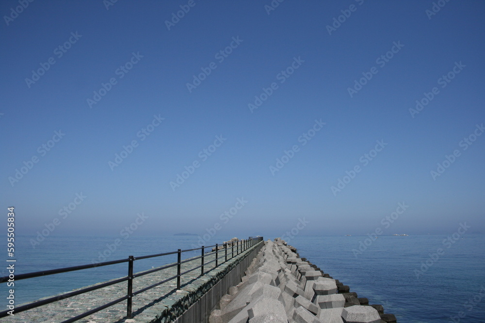 Fototapeta premium 四国の快晴の日の海へと続く道とテトラポット