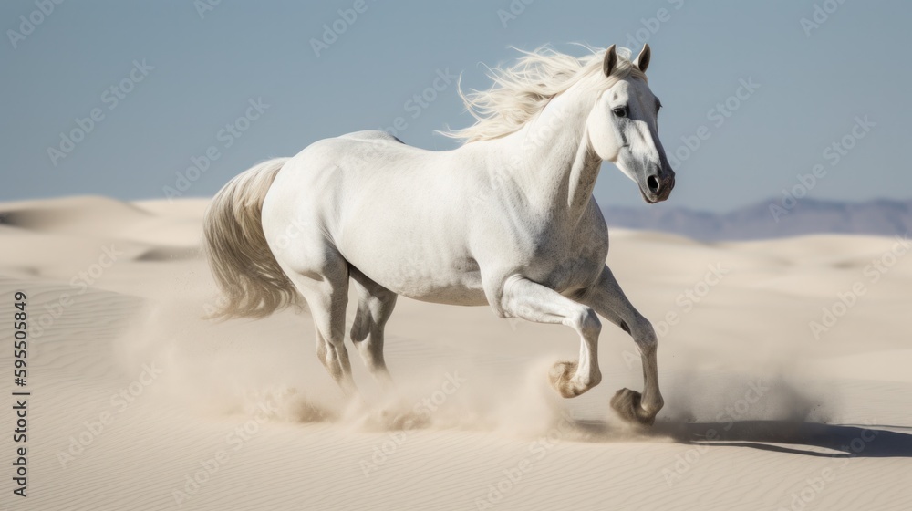 Obraz premium White horse run free in desert sand dust. Generative AI.