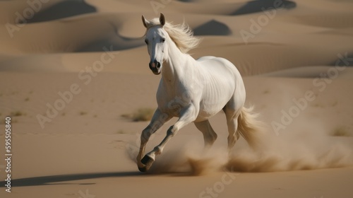 White horse run free in desert sand dust. Generative AI.