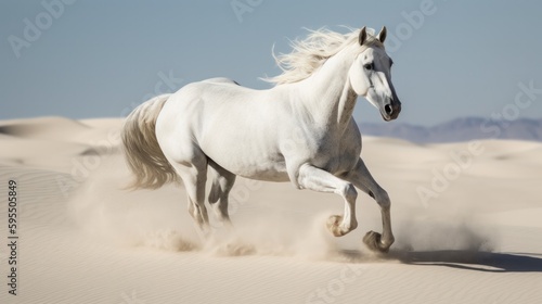 White horse run free in desert sand dust. Generative AI.