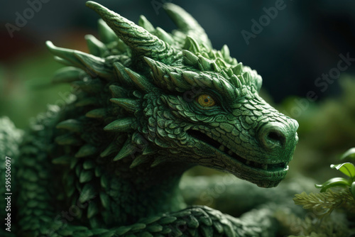 Close up image of head of green wooden dragon with leaves and branches growing from scales. Symbol of 2024. Chinese New Year. Detailed Dragon figurine. High resolution. Generative AI  human enhanced