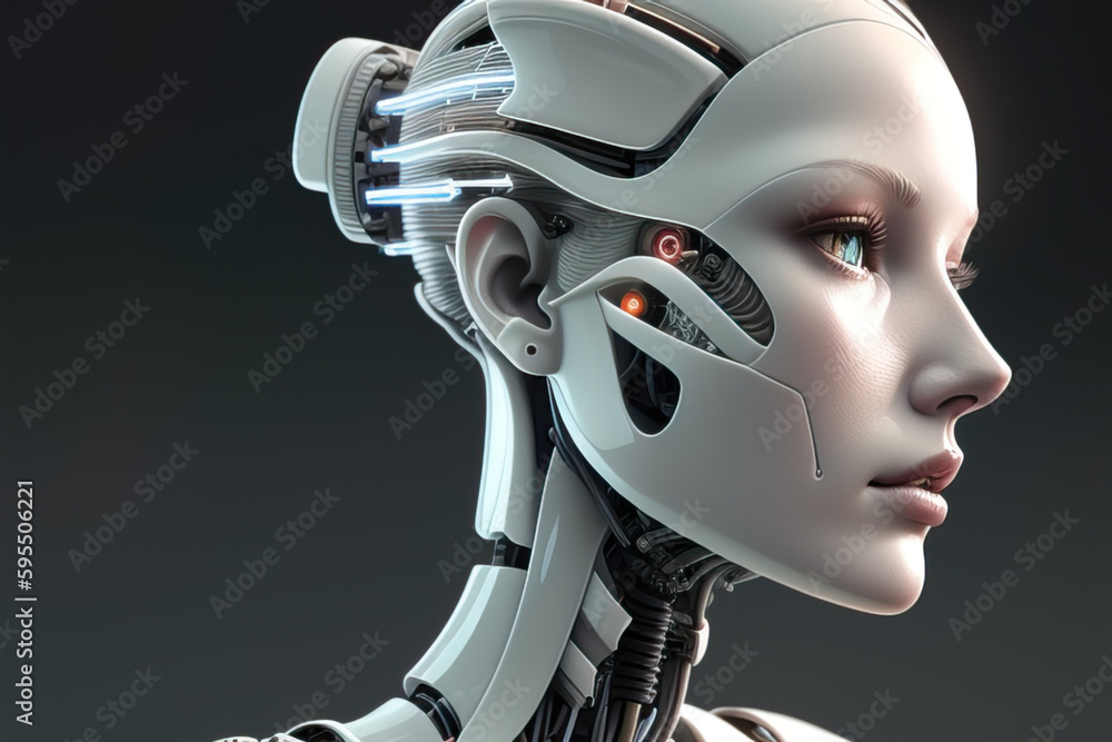 Naklejka premium wallpaper background with robot woman, image created using AI generative technology