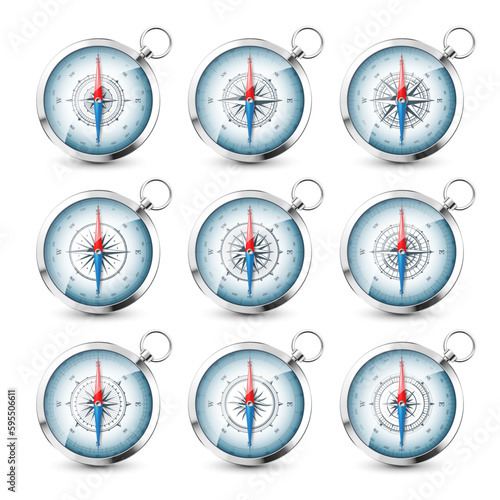 Vintage compass, marine wind rose with cardinal directions of North, East, South, West. Realistic silver navigational compass, shiny metal. Cartography and navigation. Vector illustration.
