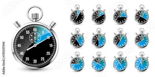 Realistic classic stopwatch. Shiny metal chronometer, time counter with dial. Blue countdown timer showing minutes and seconds. Time measurement for sport, start and finish. Vector illustration