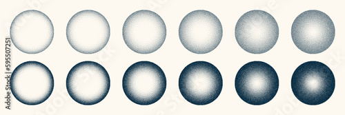 Round shaped dotted objects, vintage stipple elements. Fading gradient. Stippling, dotwork drawing, shading using dots. Halftone disintegration effect. White noise grainy texture. Vector illustration