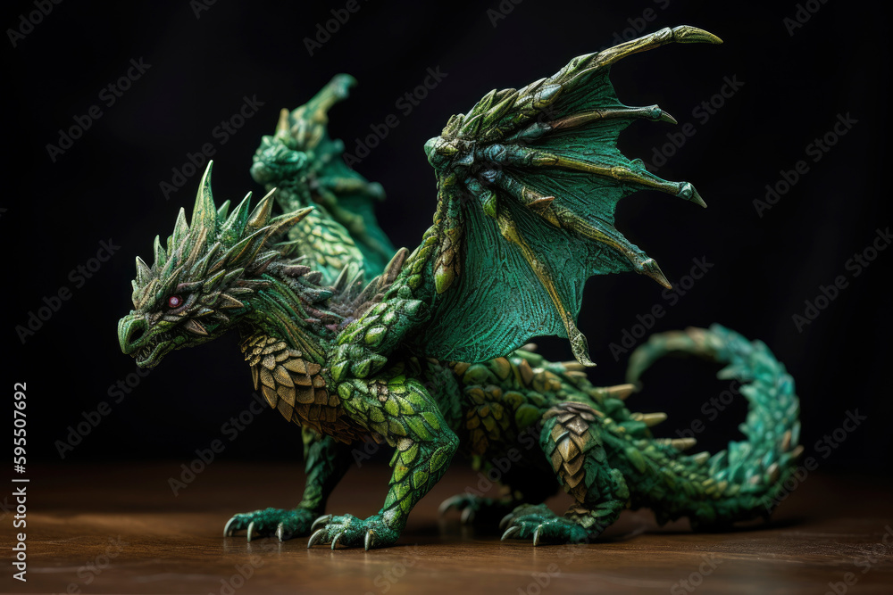 Figurine of a full length green wooden dragon with raised wings. Symbol of 2024. Chinese New Year Symbol. Dragon statuette. High resolution. Generative AI, human enhanced Figurine of a full length green wooden dragon with raised wings. Symbol of 2024. Chinese New Year Symbol. Dragon statuette. High resolution. Generative AI, human enhanced