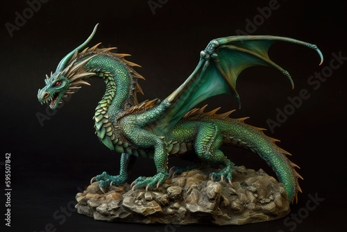 Figurine of a full length green wooden dragon with raised wings. Symbol of 2024. Chinese New Year Symbol. Dragon statuette. High resolution. Generative AI  human enhanced